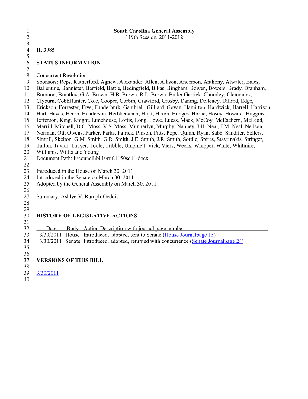 2011-2012 Bill 3985: Ashlye V. Rumph-Geddis - South Carolina Legislature Online