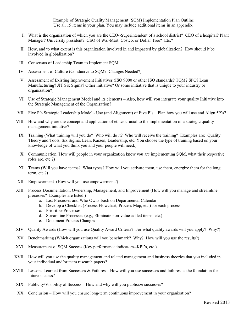 Example of Strategic Quality Management Implementation Plan Outline