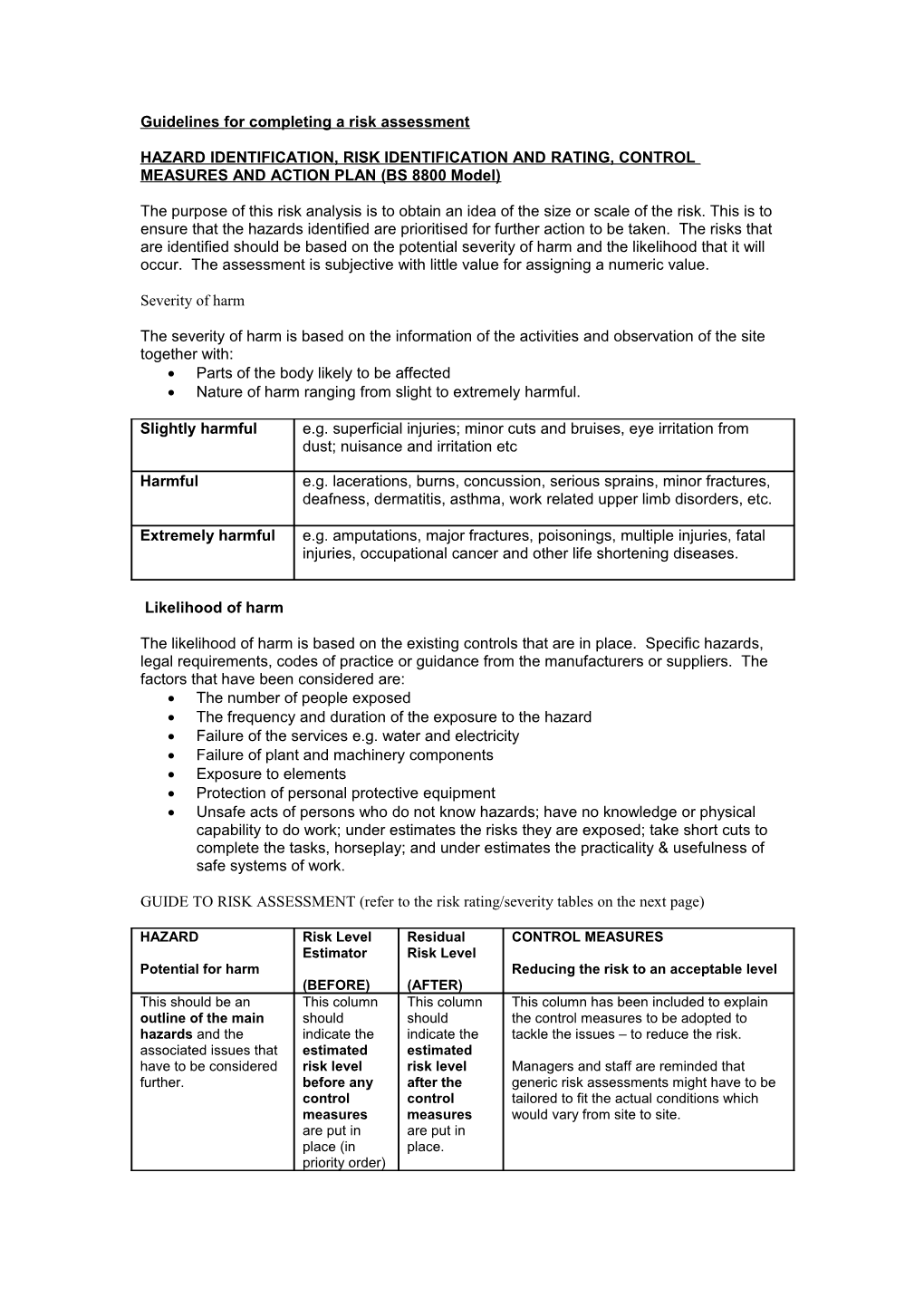 Guidelines for Completing a Risk Assessment