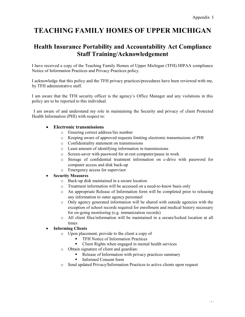 Health Insurance Portability and Accountability Act Compliance Training/Acknowledgement