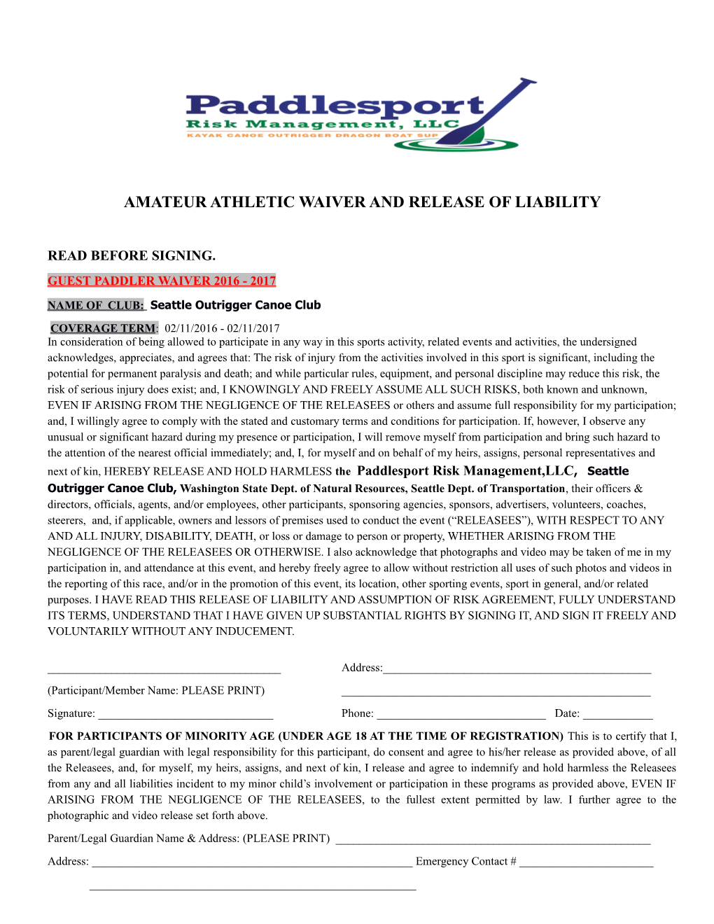 Amateur Athletic Waiver and Release of Liability