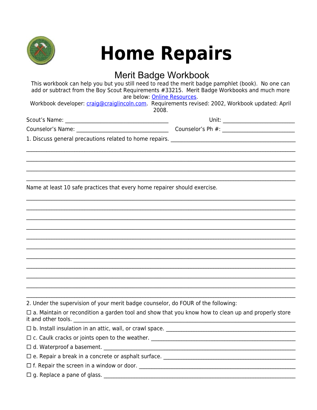 Home Repairs P. 1 Merit Badge Workbookscout's Name: ______
