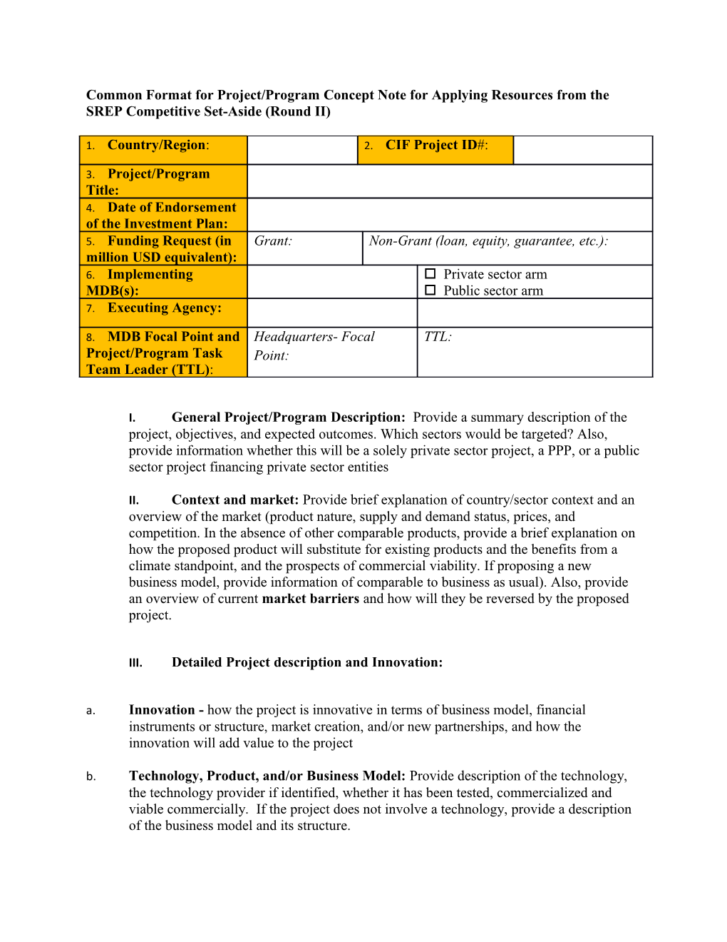 Common Format for Project/Program Concept Note for Applying Resources from the SREP Competitive