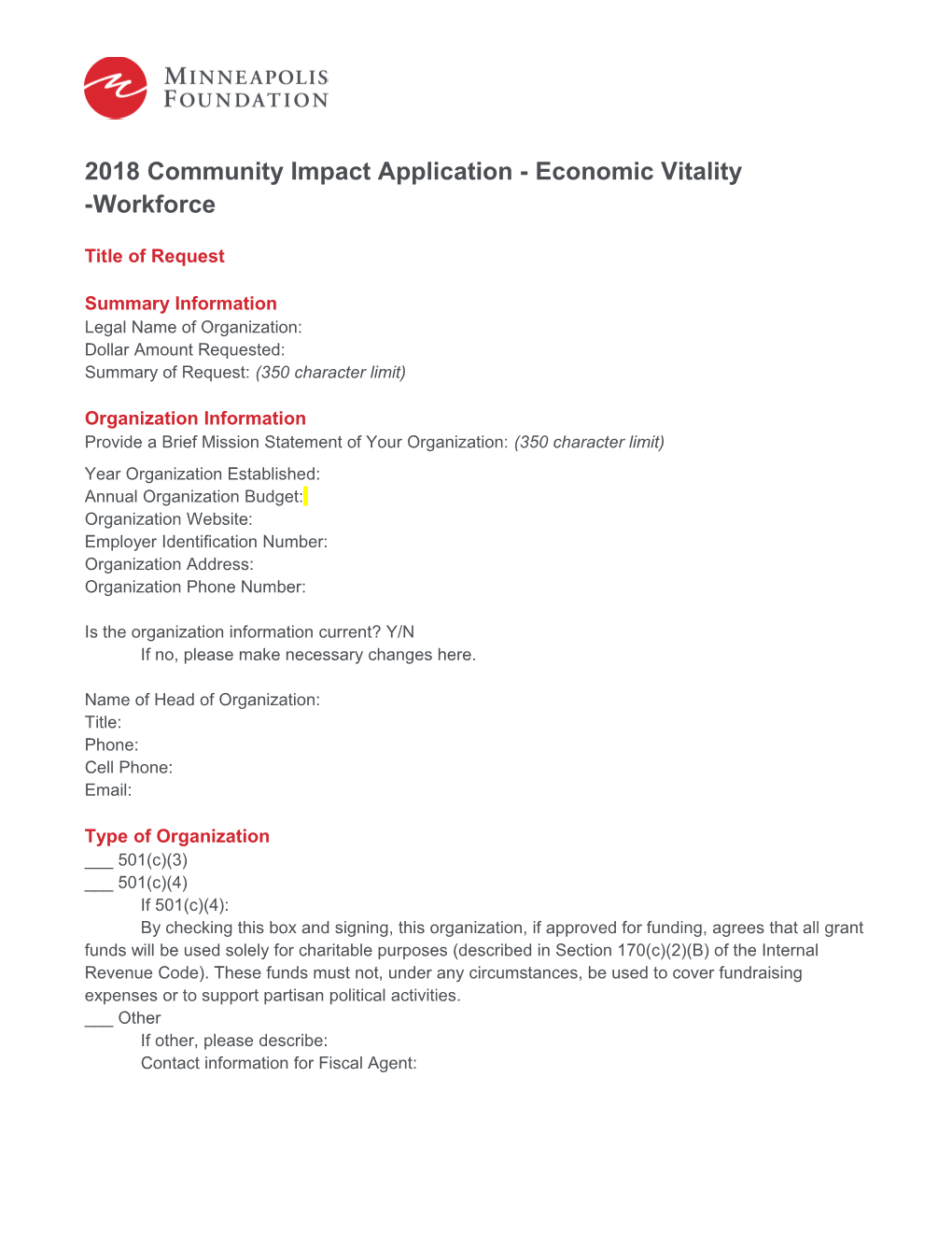 2018 Community Impact Application -Economic Vitality -Workforce