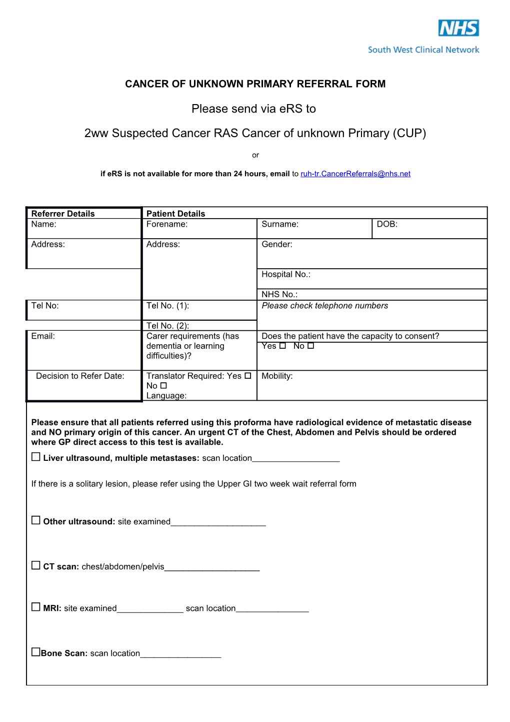 Cancer of Unknown Primary Referral Form