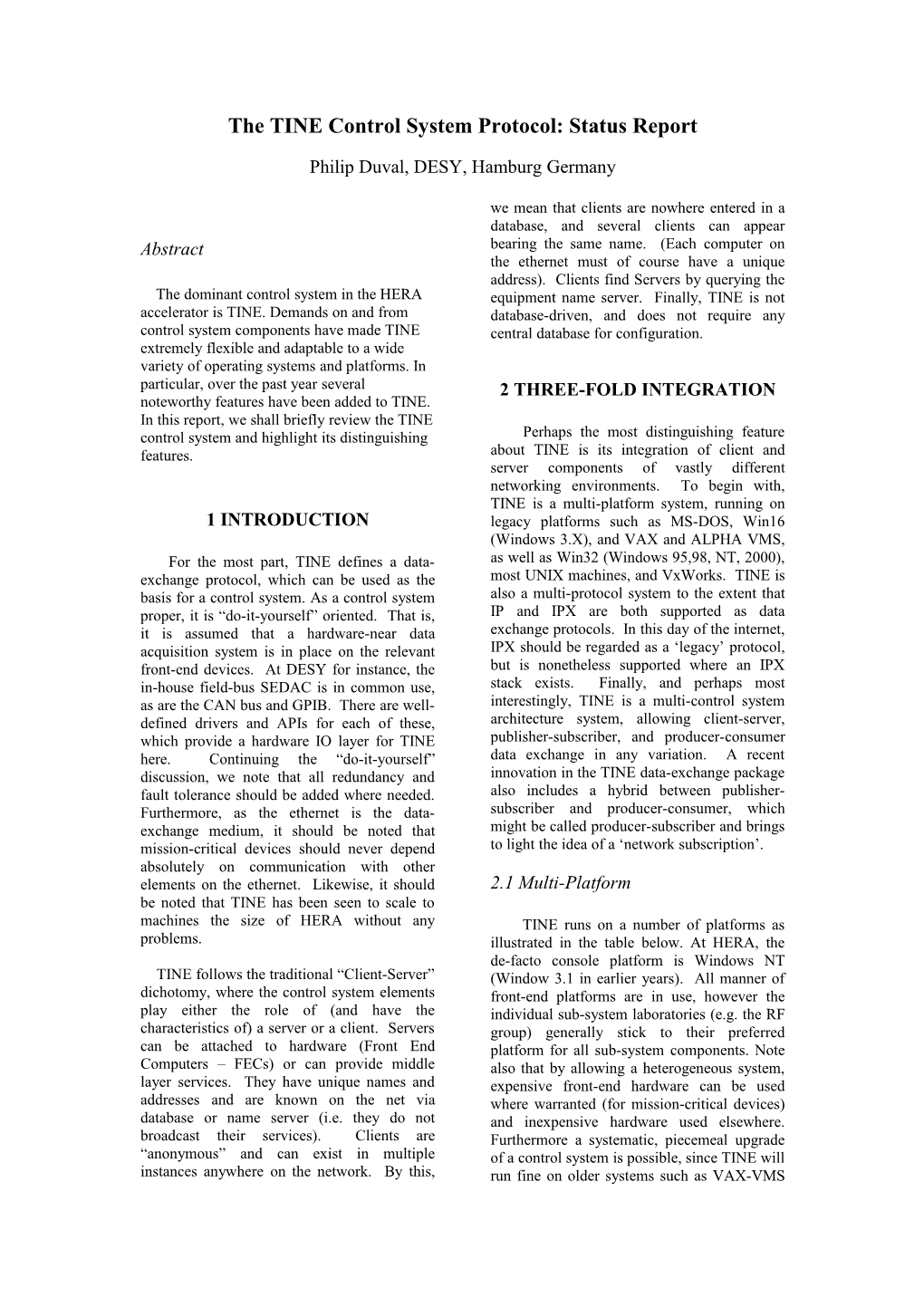 TINE: an Integrated Control System for HERA