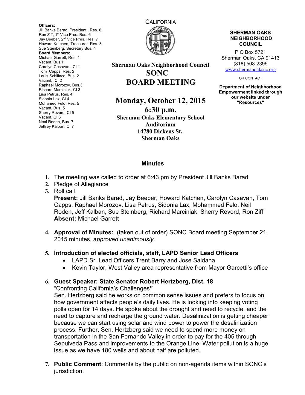 Sherman Oaks Neighborhood Counciloctober 12, 2015