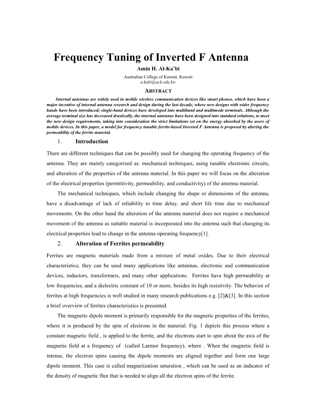 Frequency Tuning of Inverted F Antenna