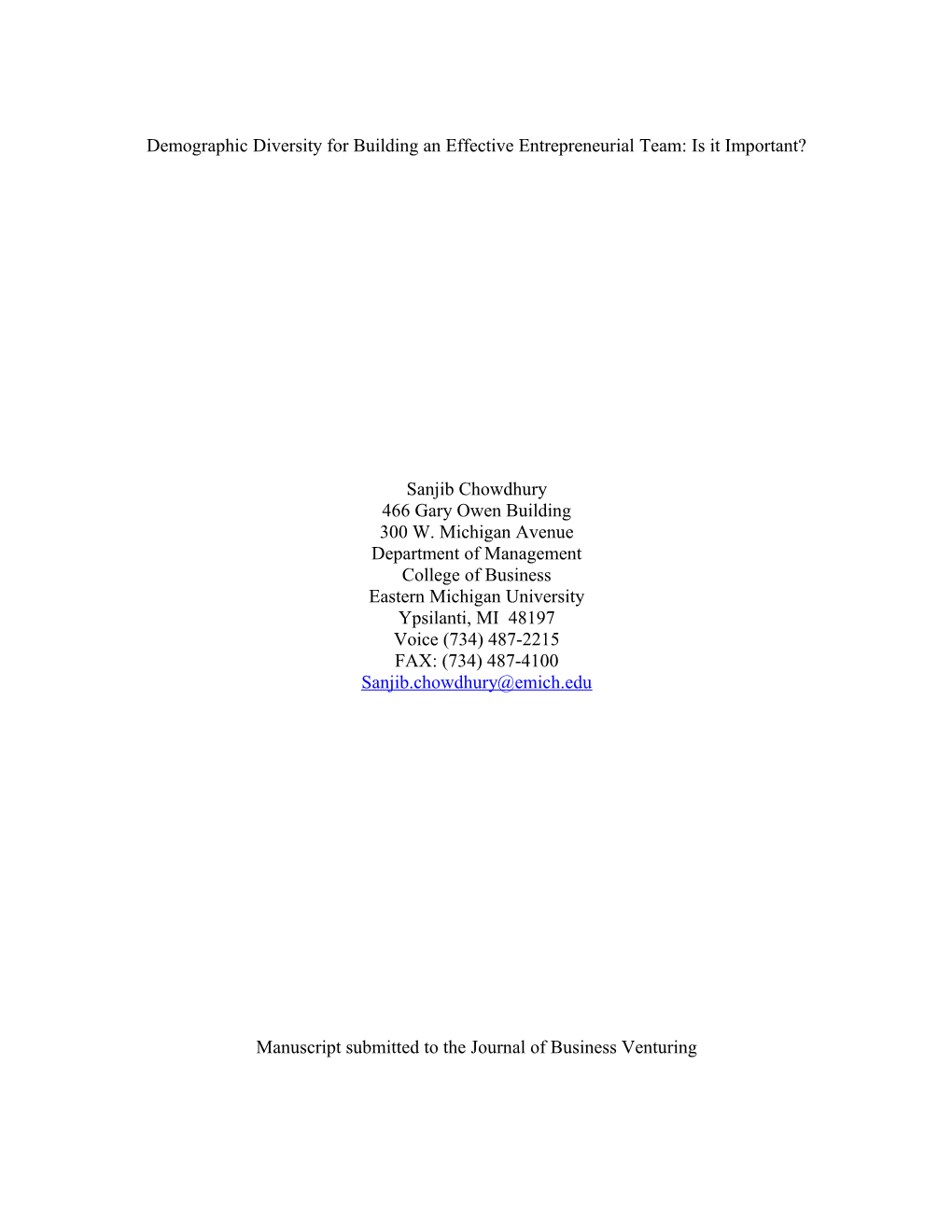 Demographic Diversity for Building an Effective Entrepreneurial Team: Is It Important