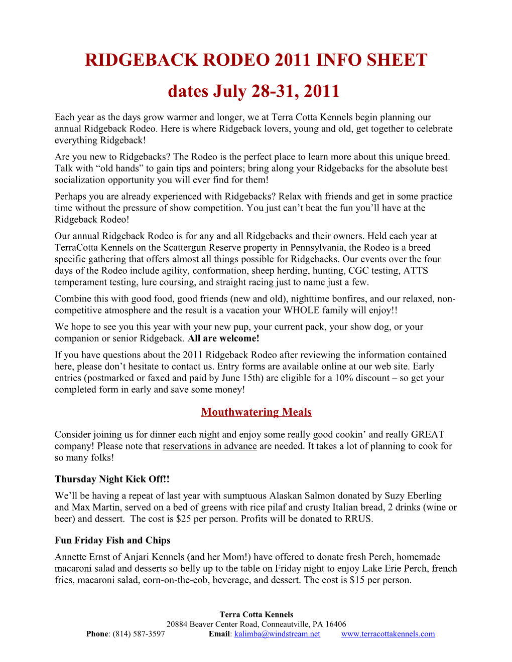 Ridgeback Rodeo 2011 Info Sheet