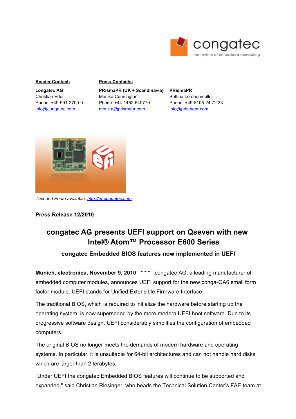 Congatec AG Presents UEFI Support on Qseven with New Intel Atom Processor E600 Series