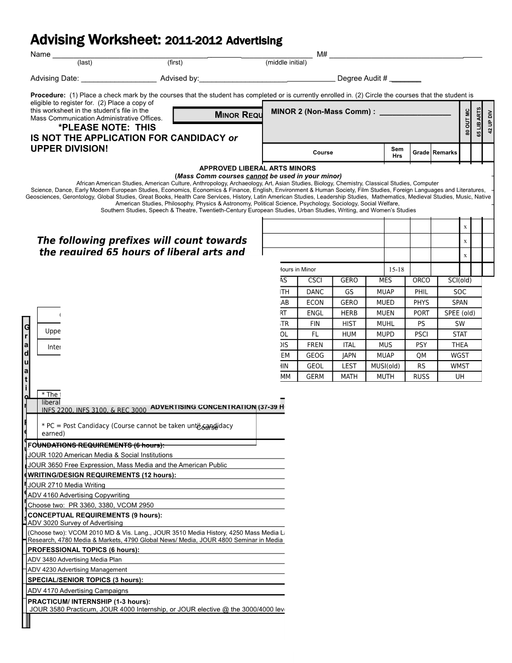 Advising Worksheet: 2011-2012Advertising