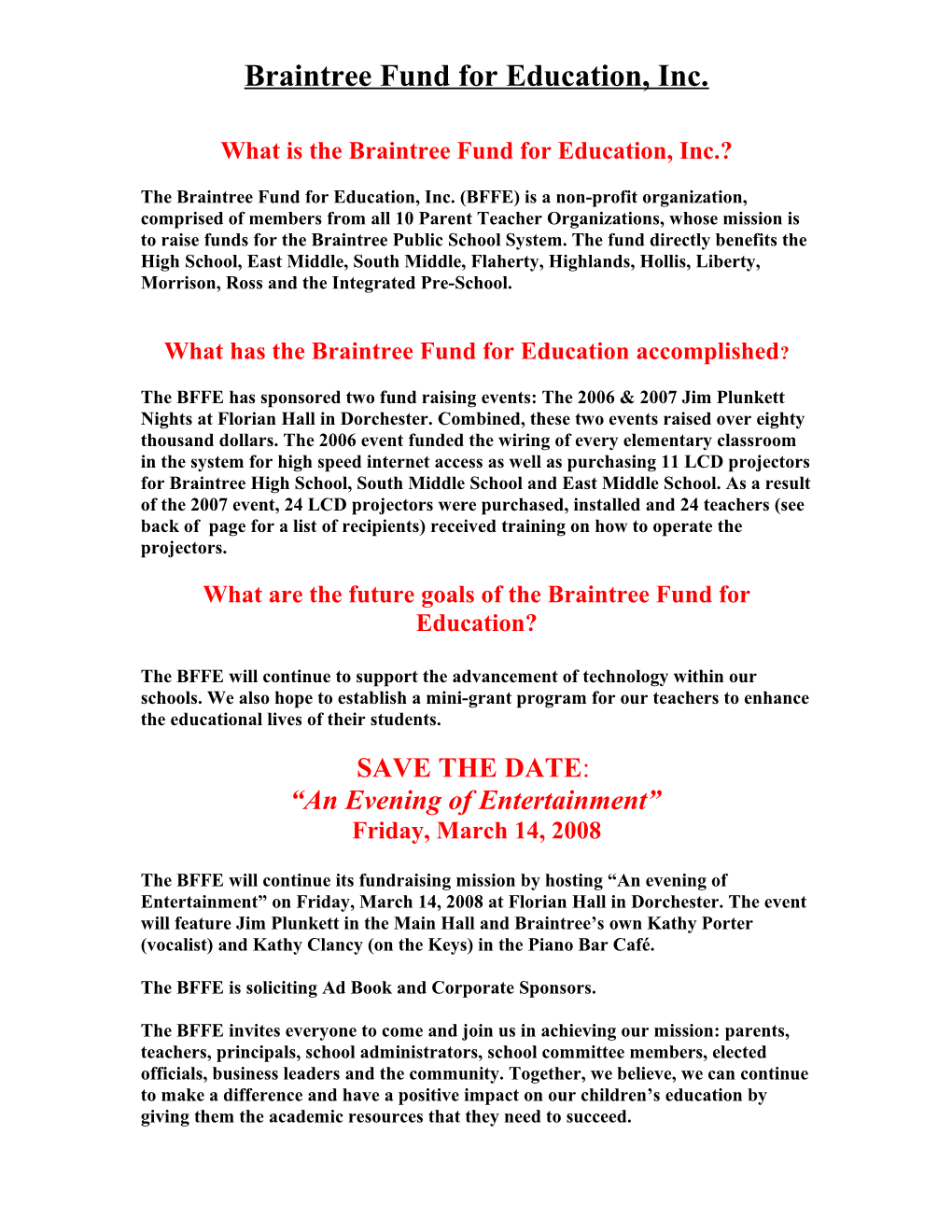 Braintree Fund for Education, Inc