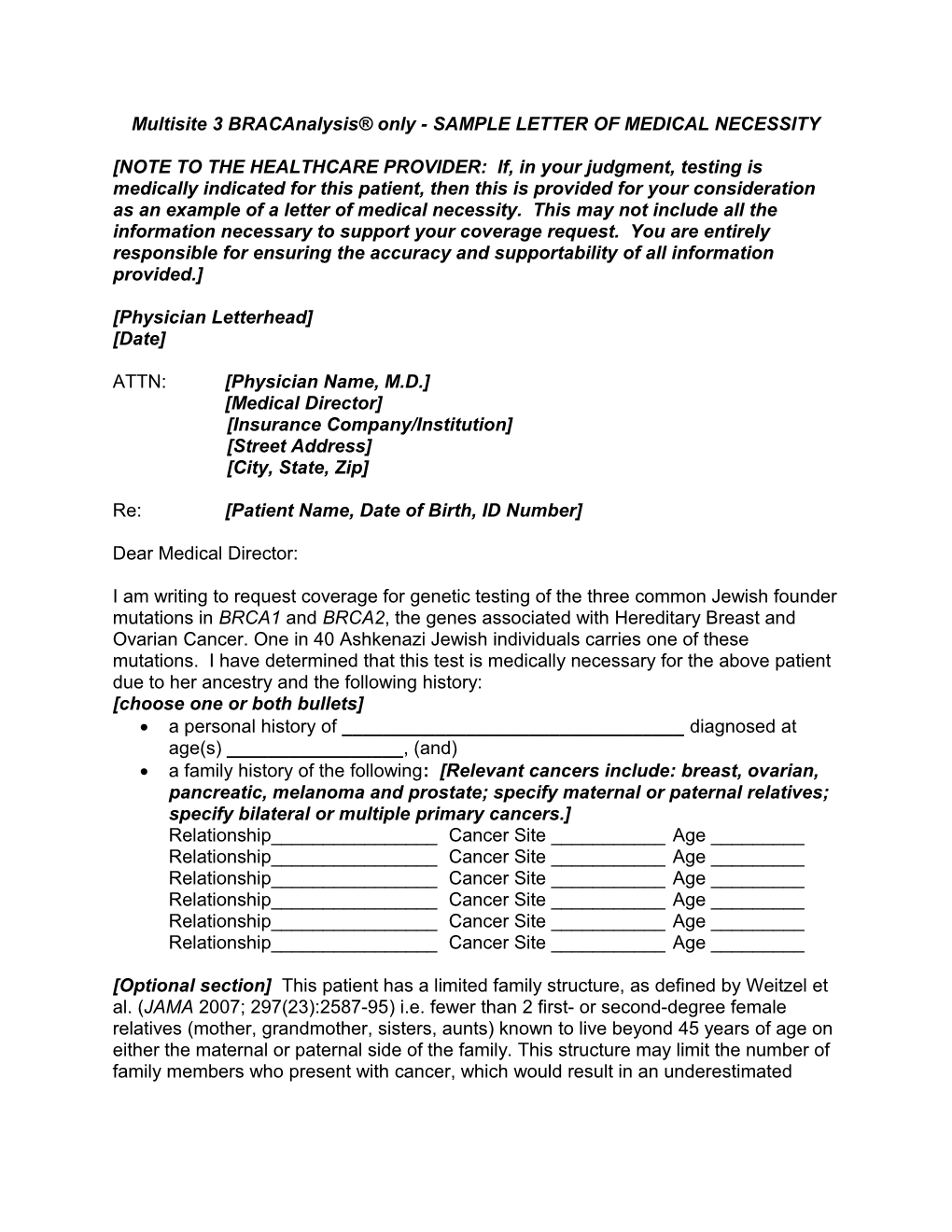 Comprehensive Bracanalysis - SAMPLE LETTER of MEDICAL NECESSITY