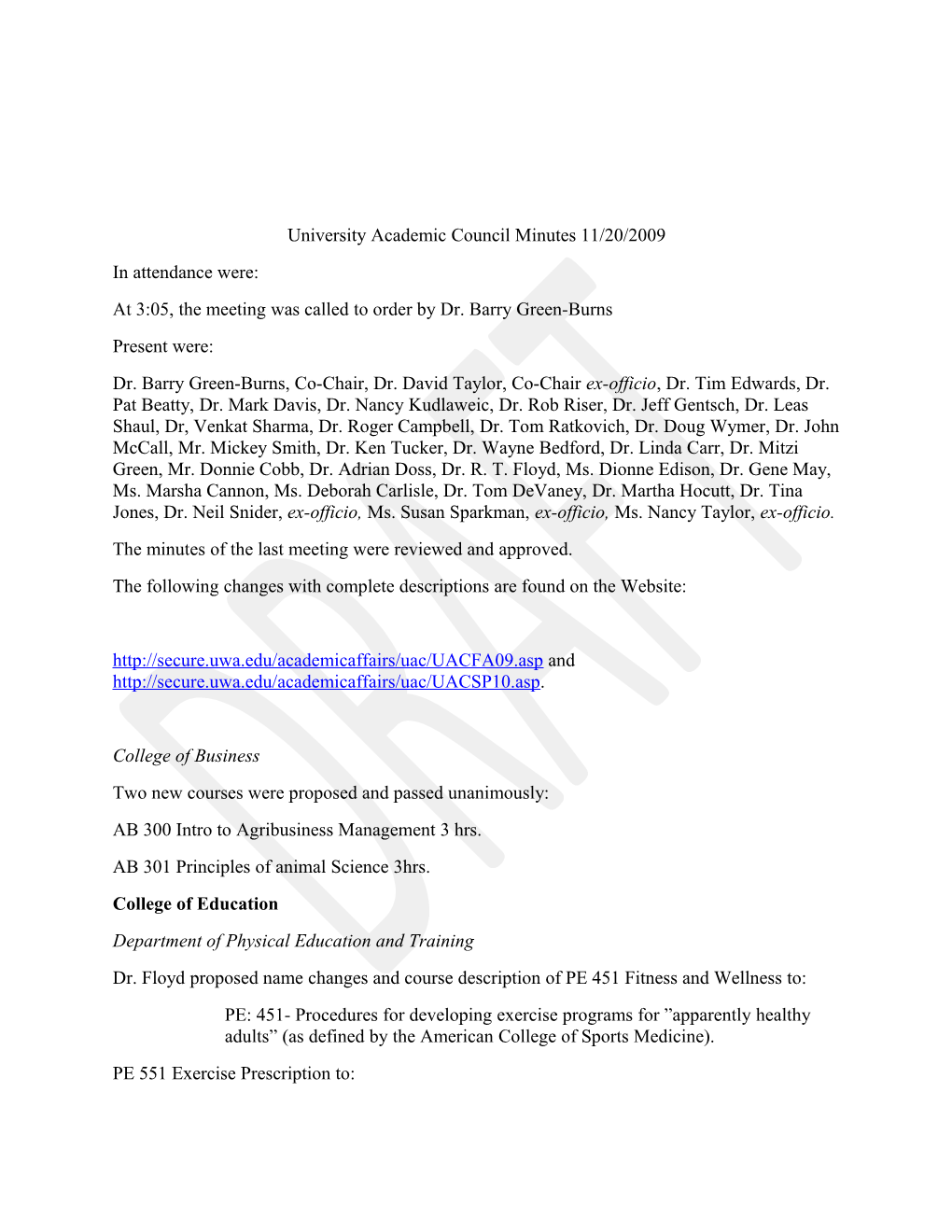 University Academic Council Minutes 11/20/2009