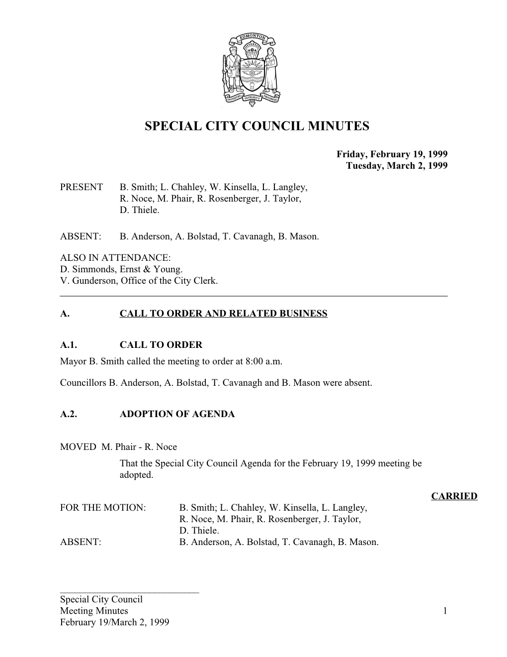 Minutes for City Council February 19, 1999 Meeting