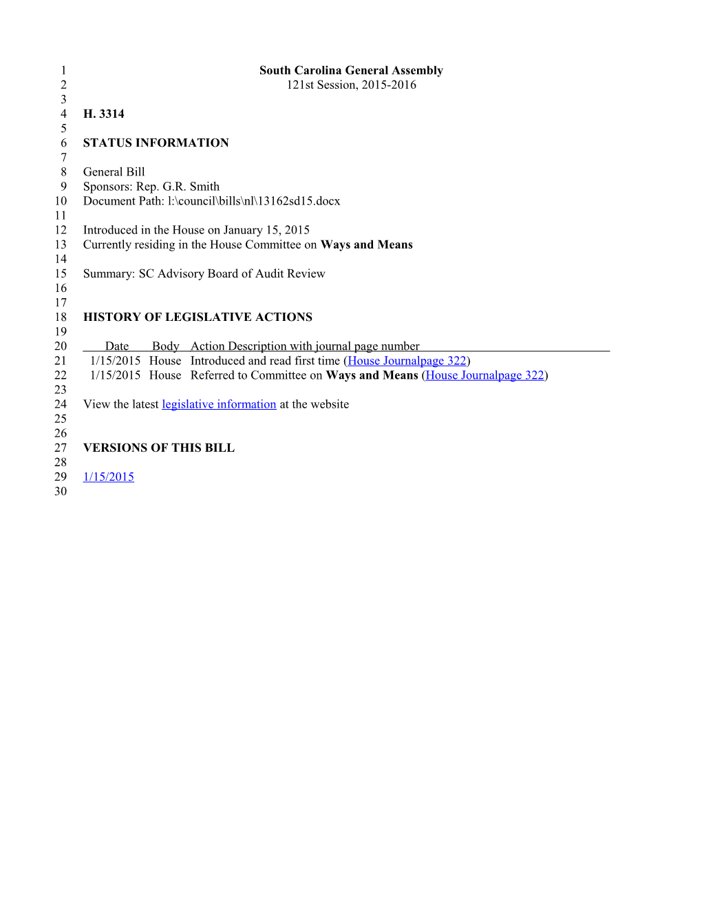 2015-2016 Bill 3314: SC Advisory Board of Audit Review - South Carolina Legislature Online