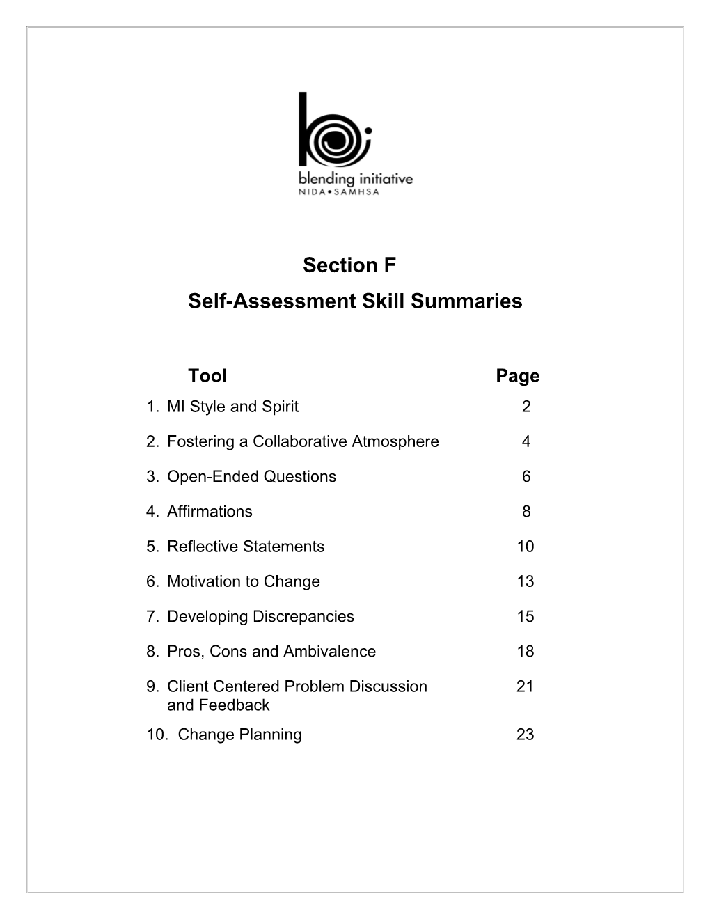 Section F: Self-Assessment Skill Summaries