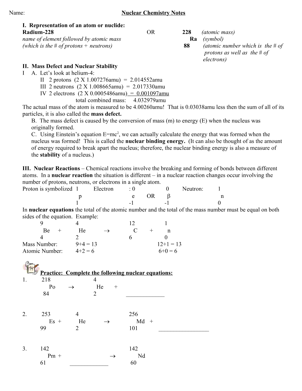 Nuclear Chemistry Notes and Worksheet