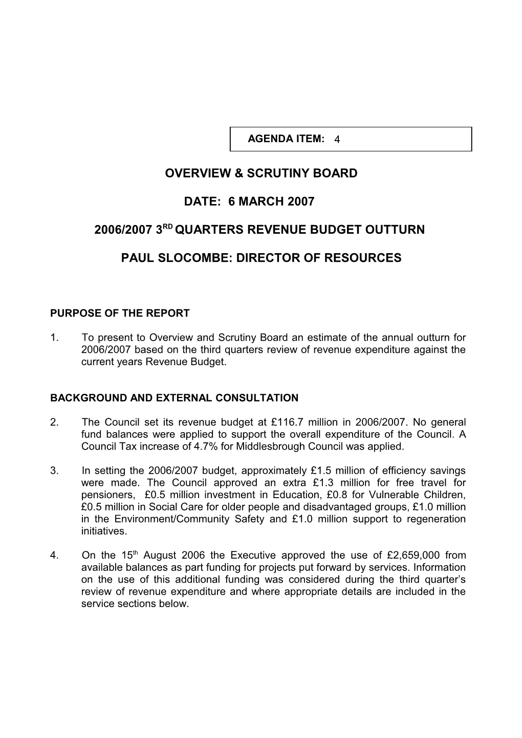 2006/2007 3Rd Quarters Revenue Budget Outturn