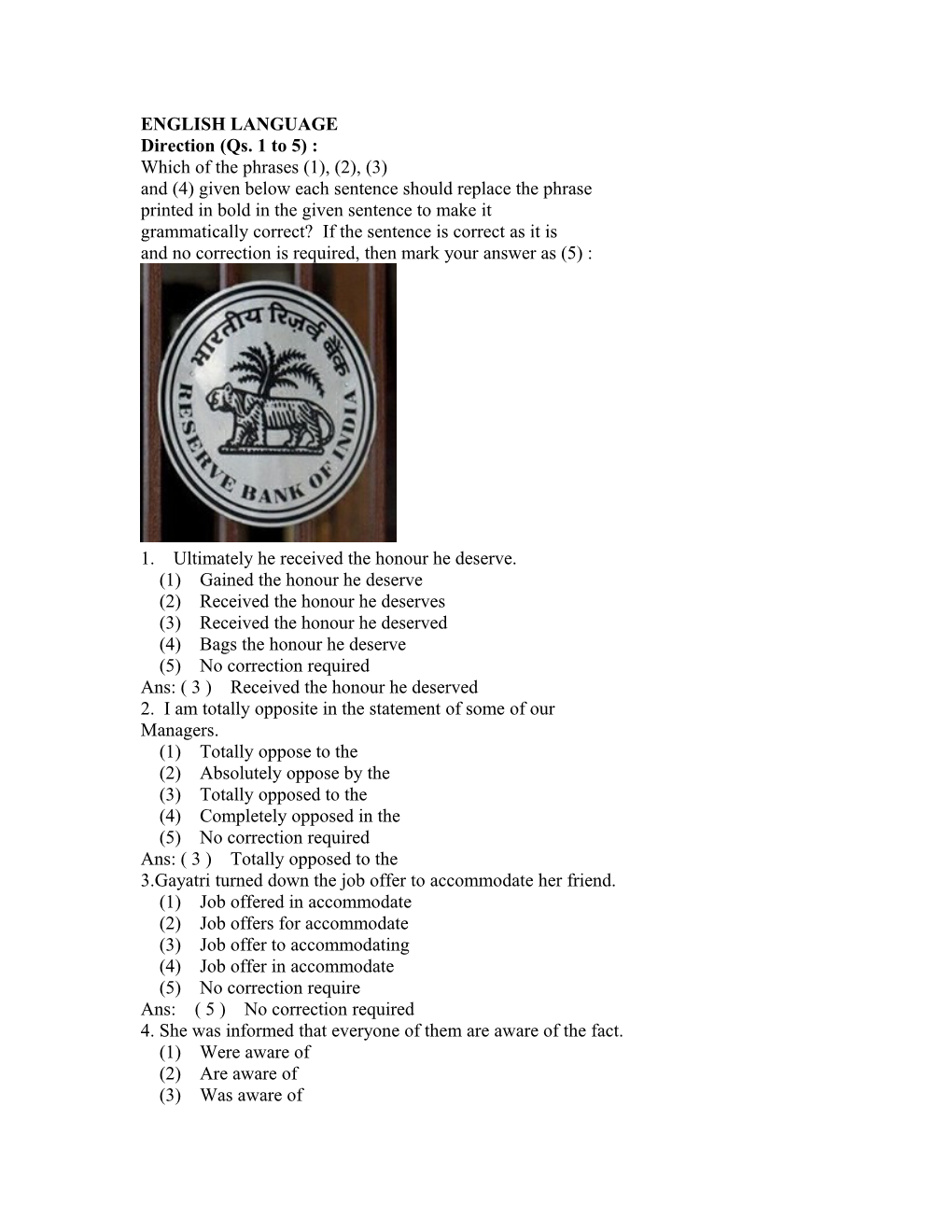 ENGLISH LANGUAGE Direction (Qs. 1 to 5)