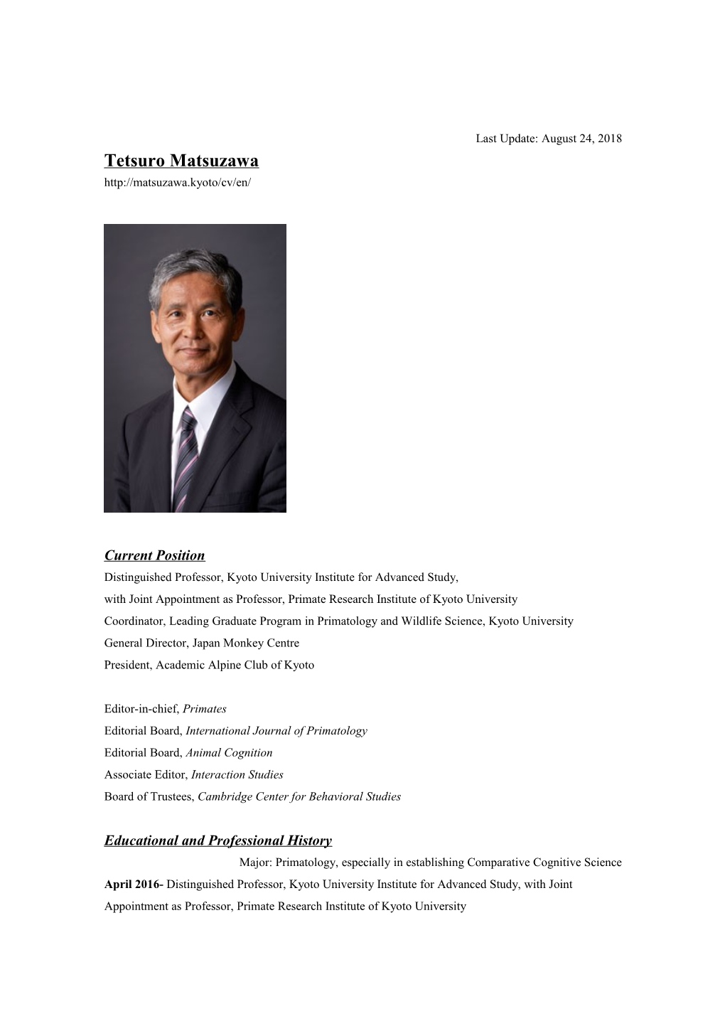 Tetsuro Matsuzawa, Phd Curriculum Vitae