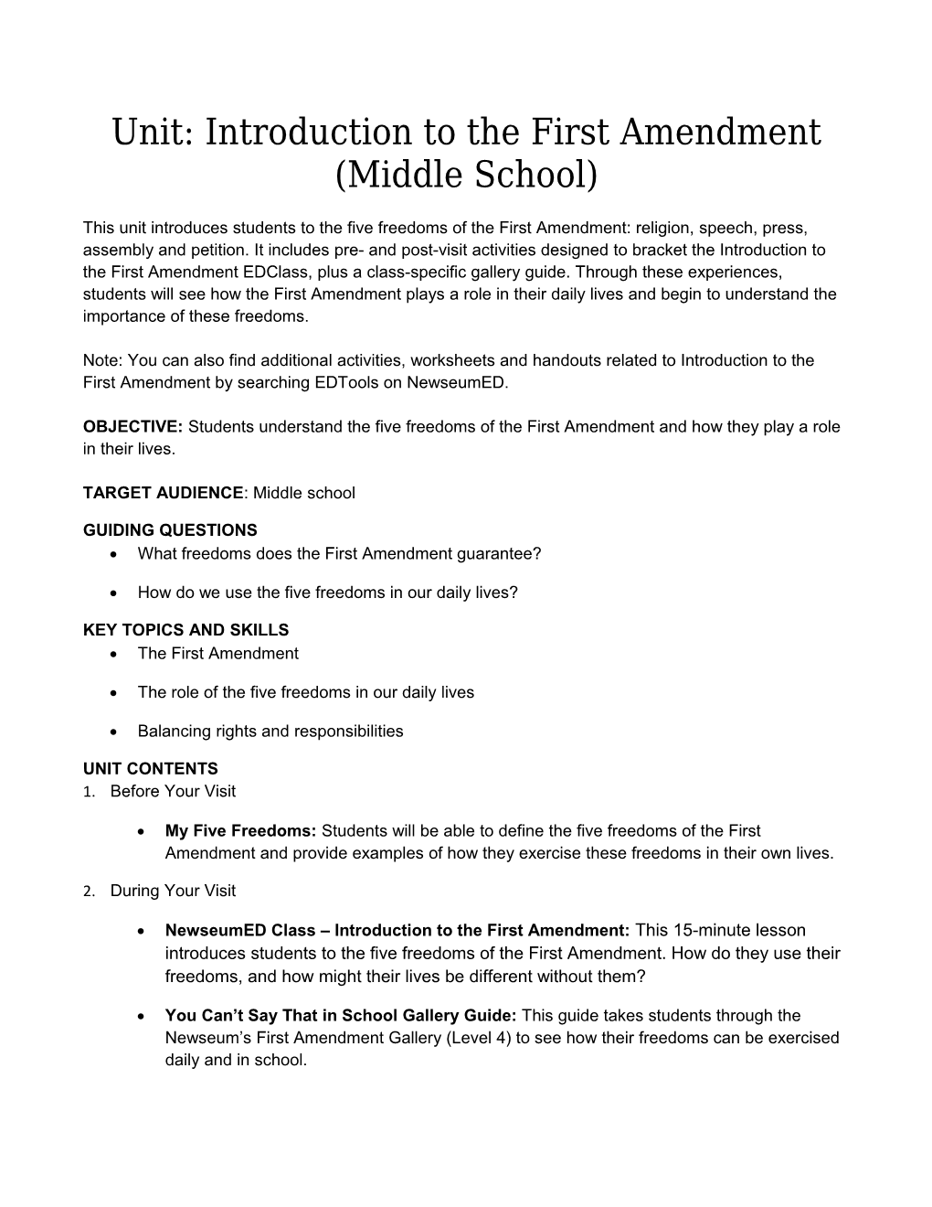 Unit: Introduction to the First Amendment (Middle School)