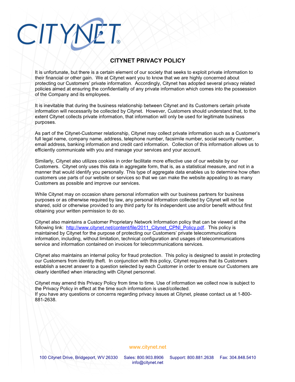 Citynet Privacy Policy