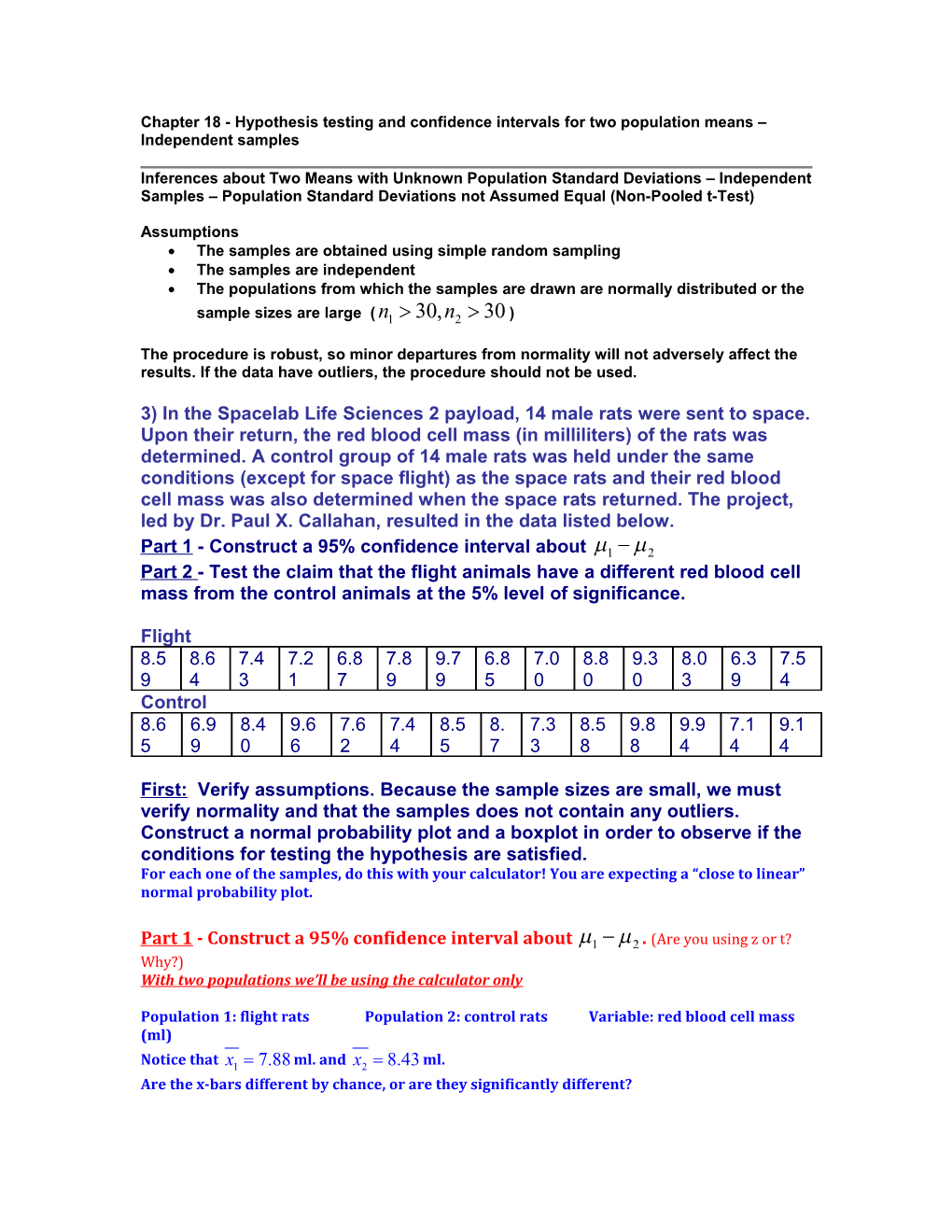 Chapter 18 - Hypothesis Testing and Confidence Intervals for Two Population Means Independent