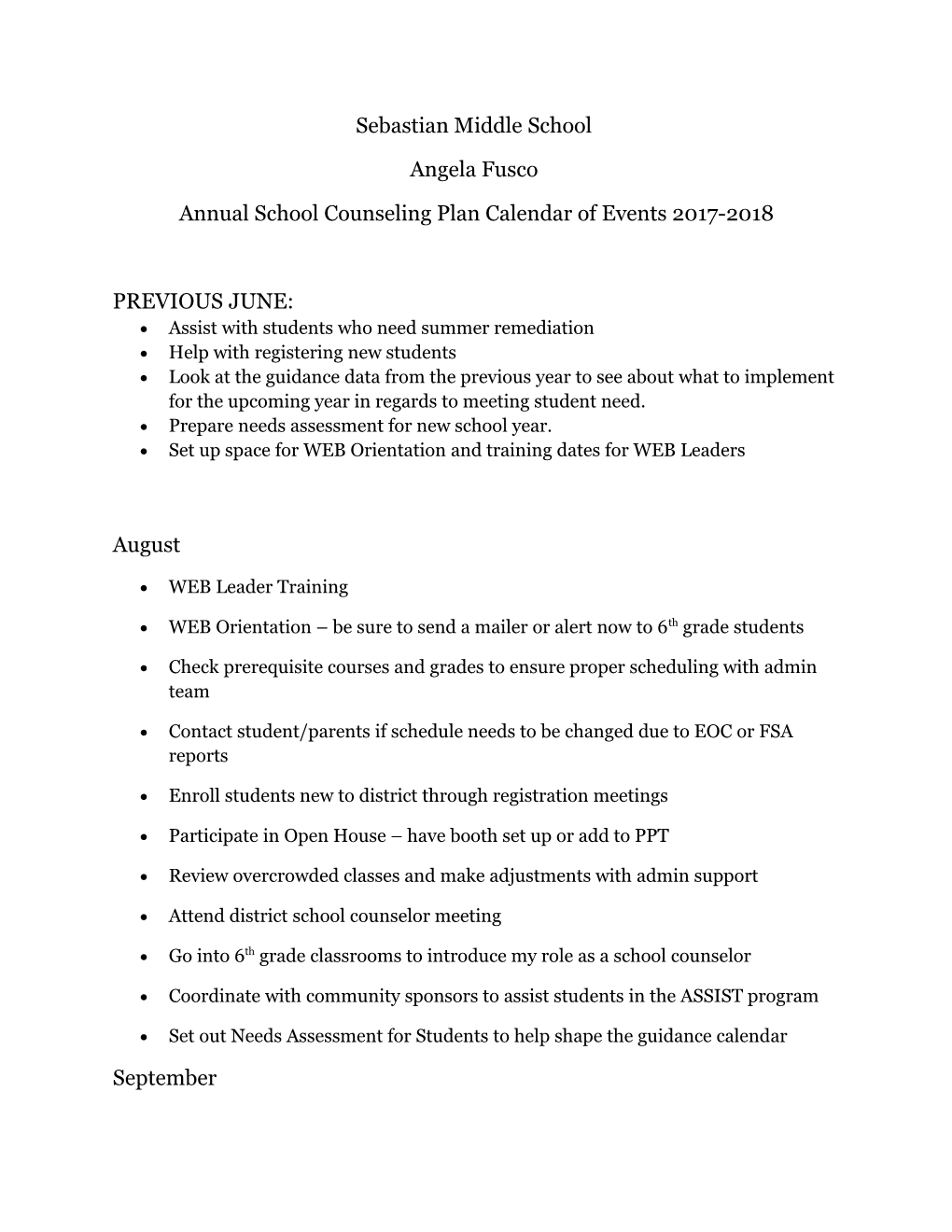 Annual School Counseling Plan Calendar of Events 2017-2018