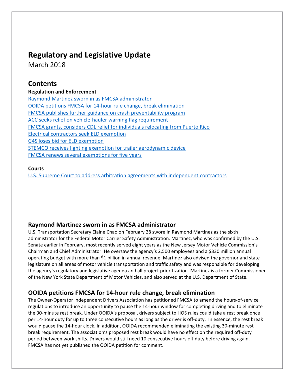 Regulatory and Legislative Update