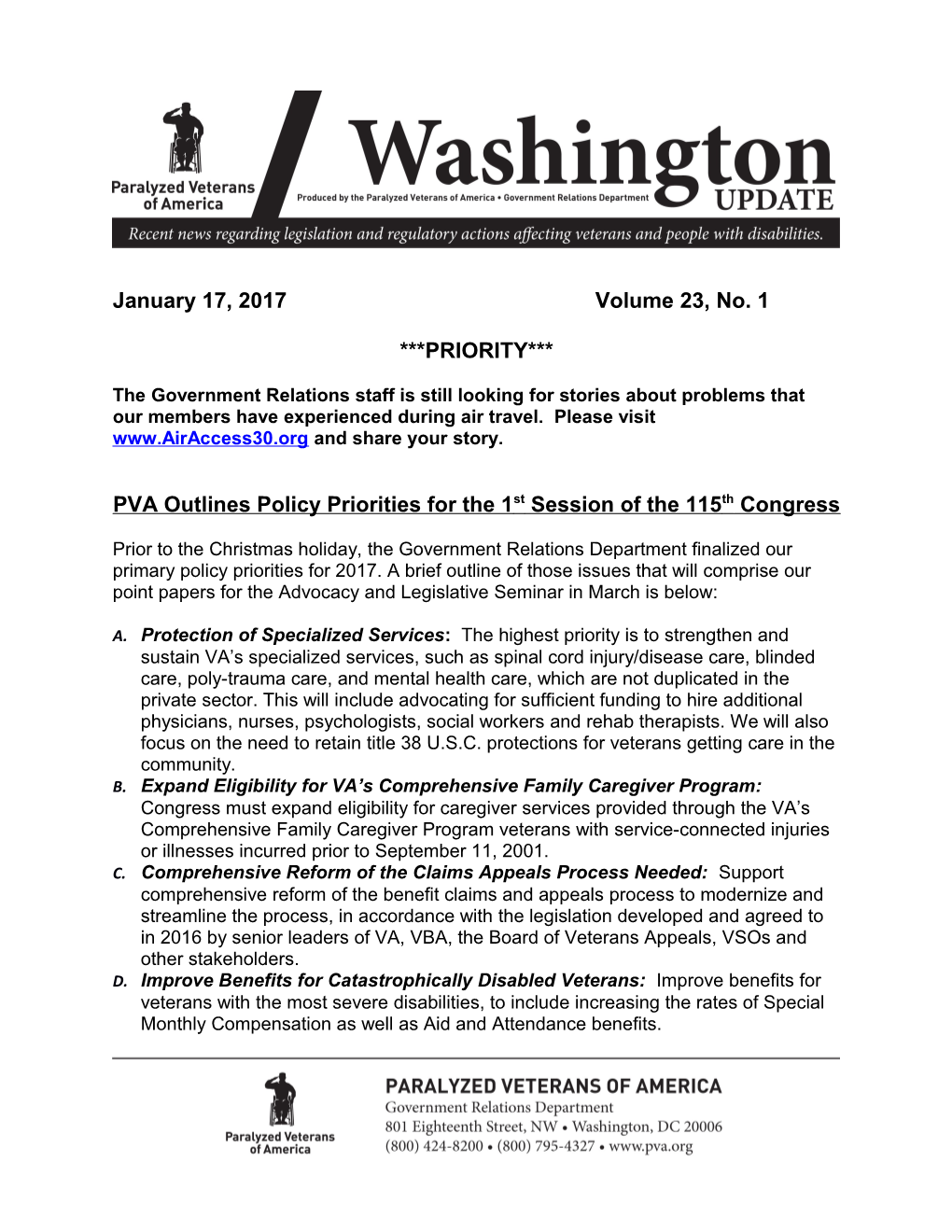 PVA Outlines Policy Priorities for the 1St Session of the 115Th Congress