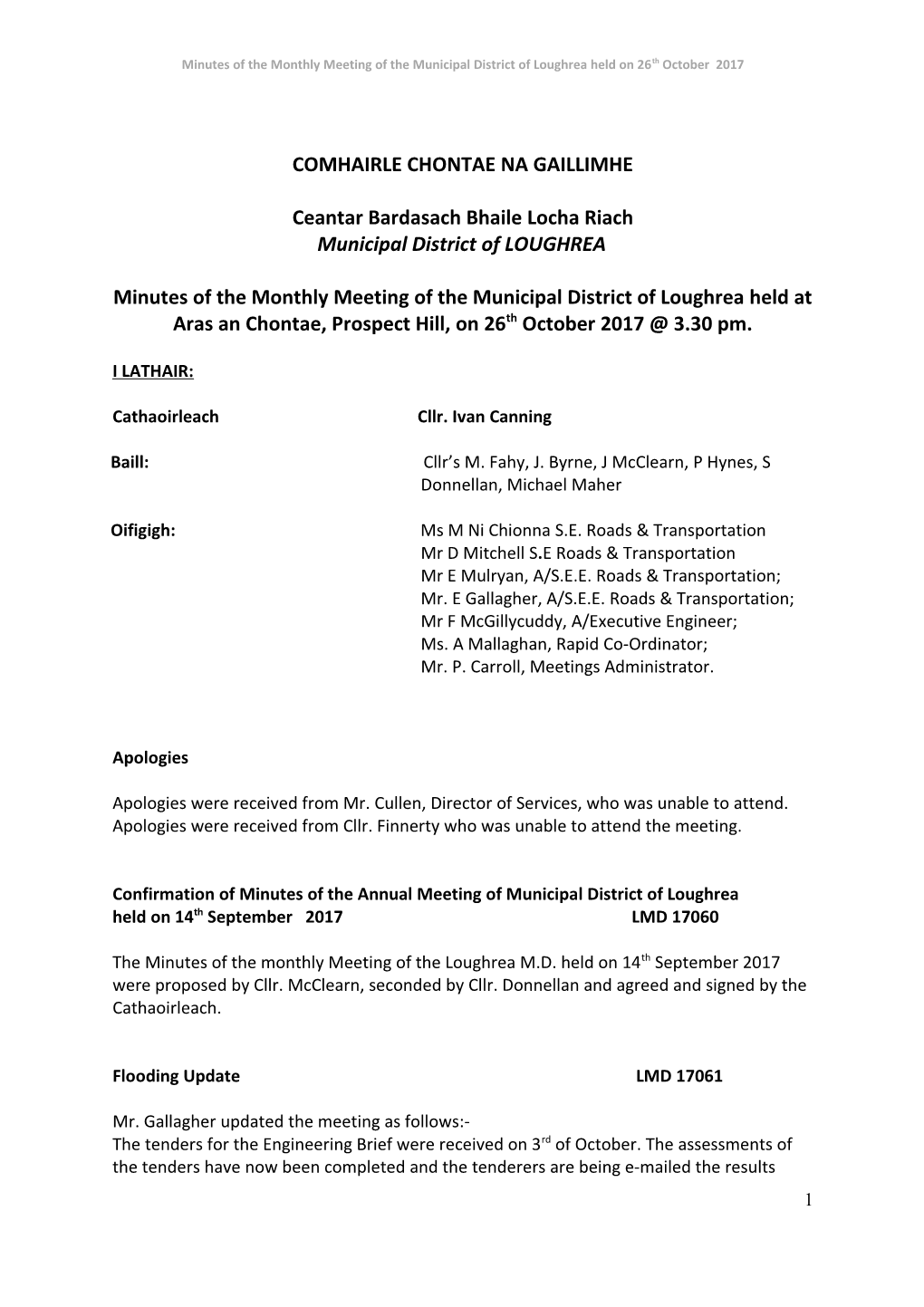 Minutes of the Monthly Meeting of the Municipal District of Loughrea Held on 26Th October 2017