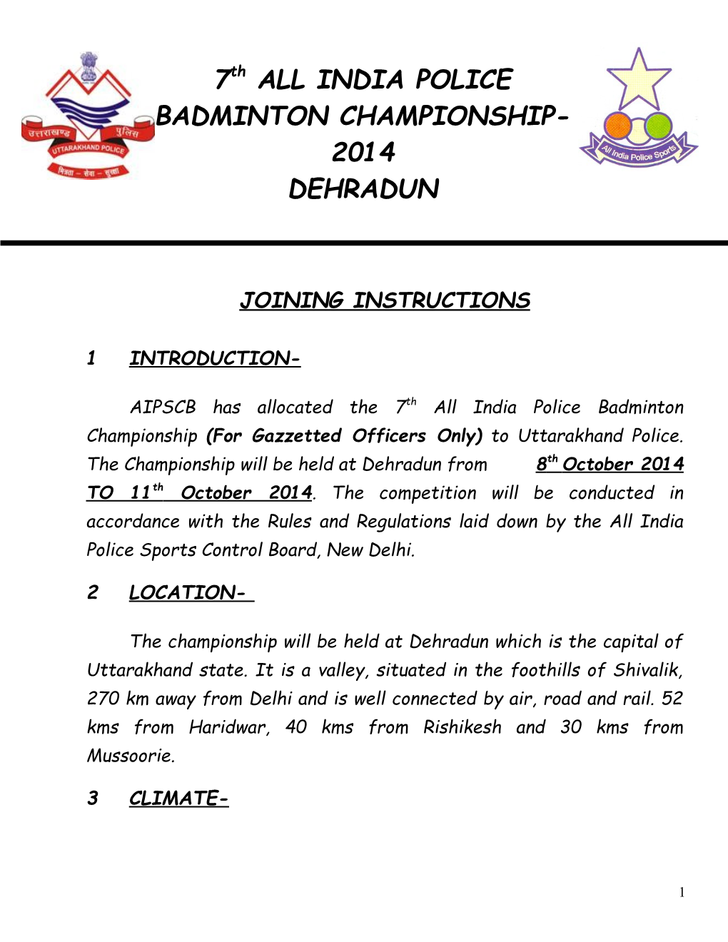 JOINING INSTRUCTION ALONG with RULES and REGULATIONS for the 7Th ALL INDIA POLICE LAWN