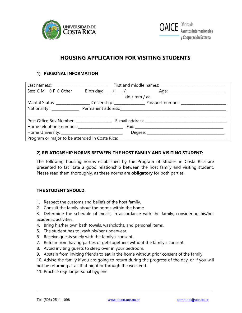 Housing Application for Visiting Students