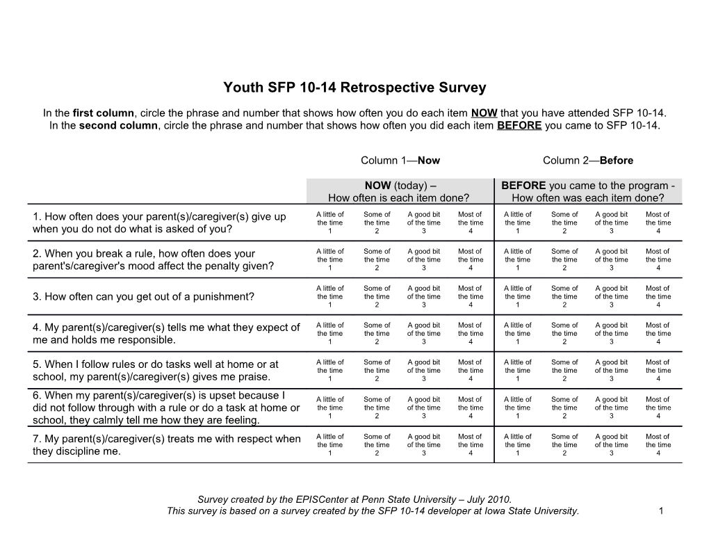 Youth SFP 10-14 Retrospective Survey