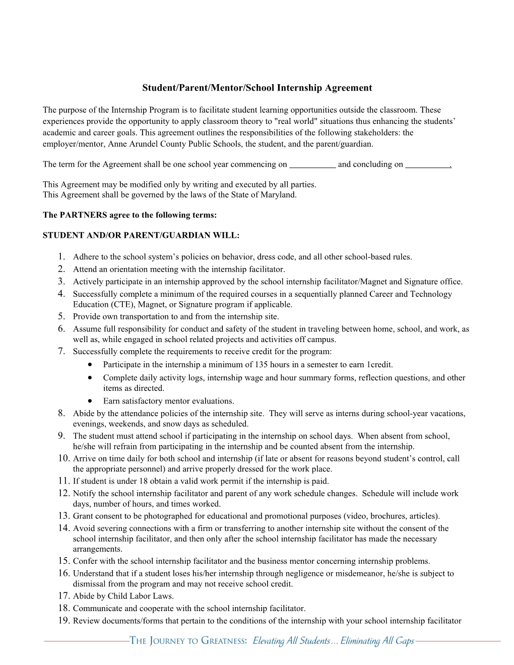 Student/Parent/Mentor/School Internship Agreement