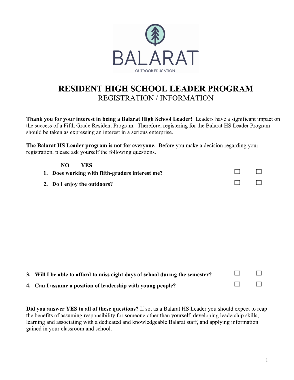 Resident High School Leader Program