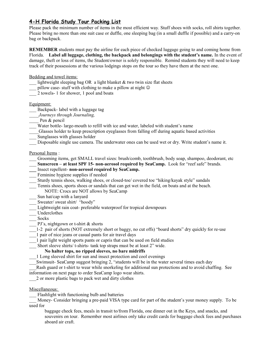 4-H Florida Study Tour Packing List