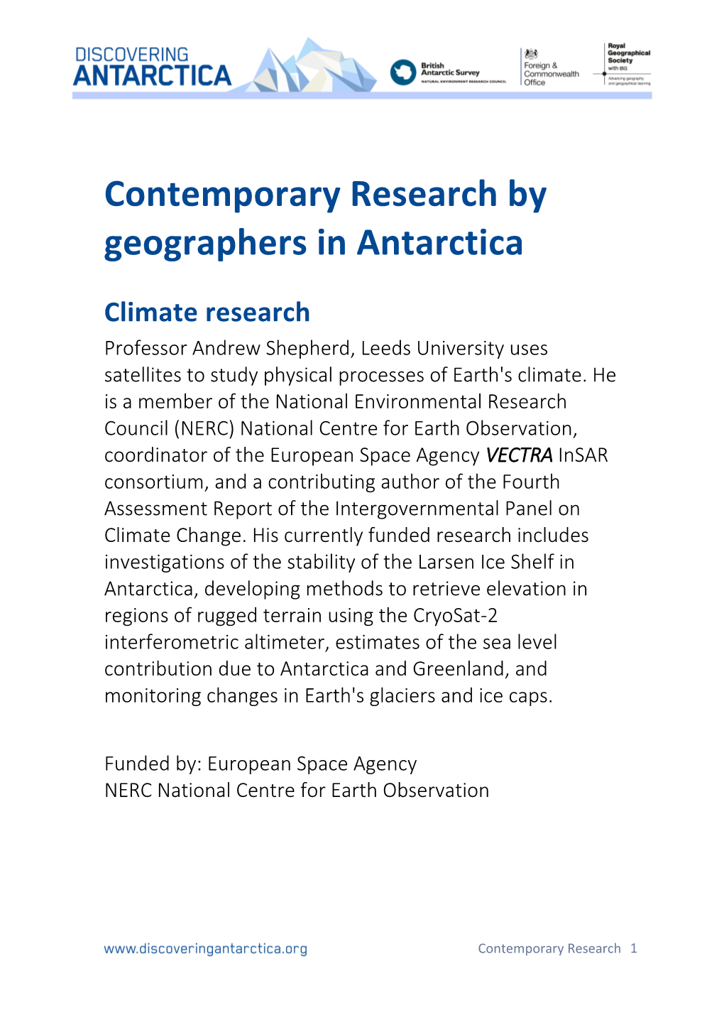 Contemporary Research by Geographers in Antarctica