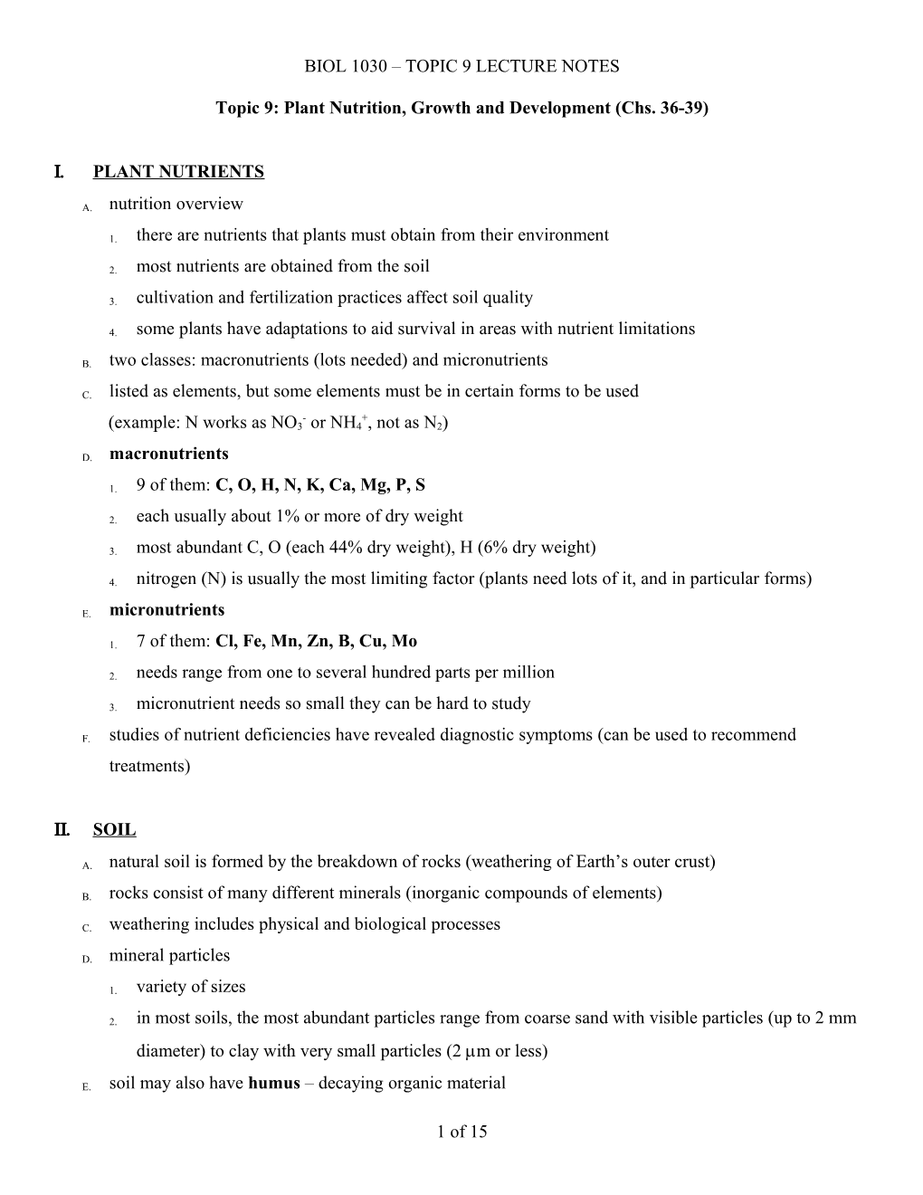 Topic 9: Plant Nutrition, Growth and Development (Chs. 36-39)