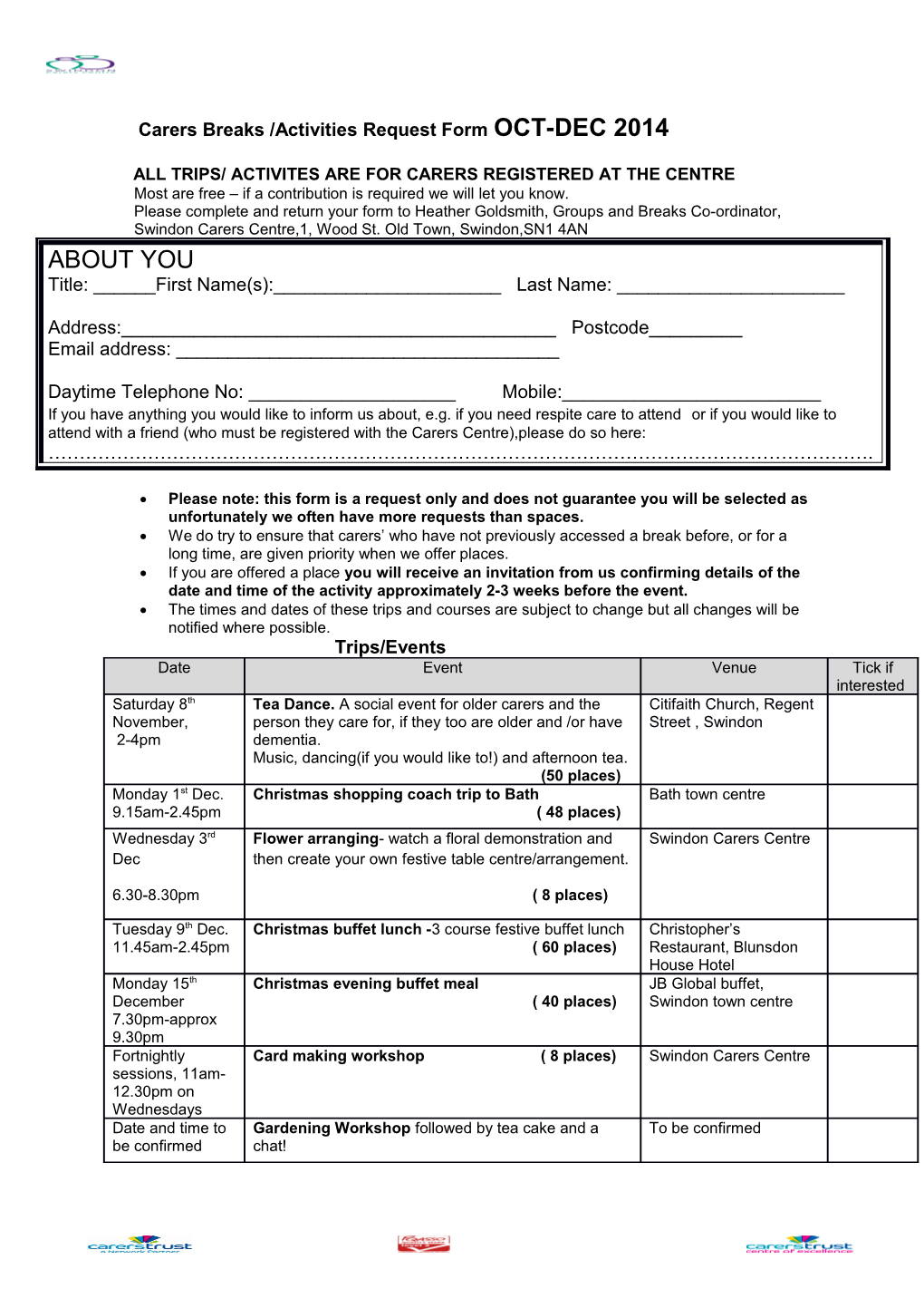 Carers Breaks /Activities Request Form OCT-DEC 2014