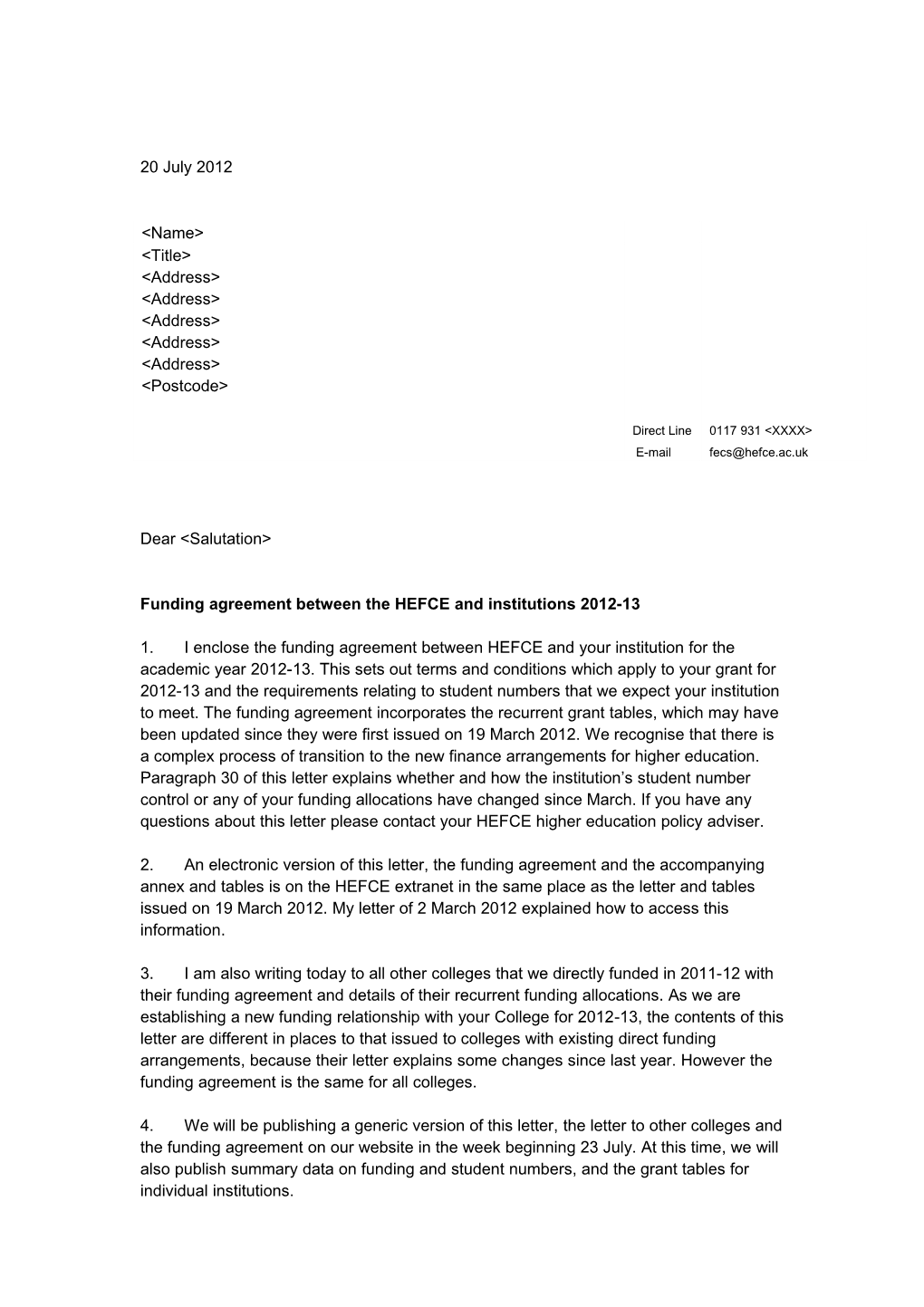 Funding Agreement Between the HEFCE and Institutions 2012-13