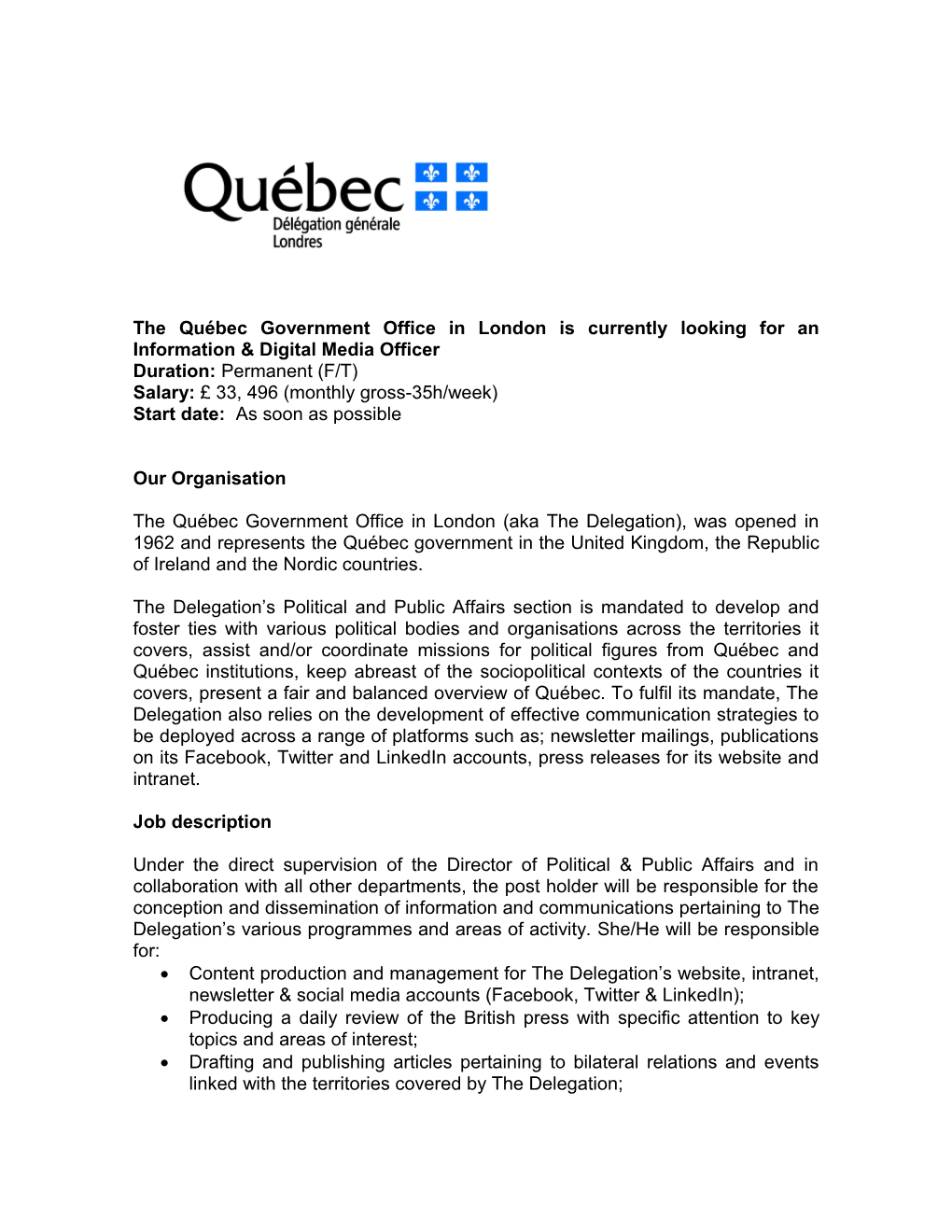 The Québec Government Office in London Is Currently Looking for an Information & Digital