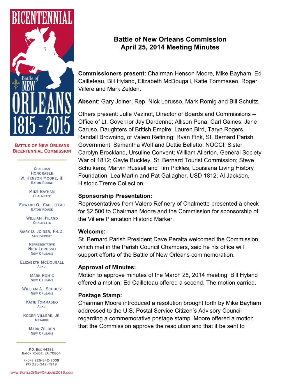 Battle of New Orleans Commission April 25, 2014 Meeting Minutes