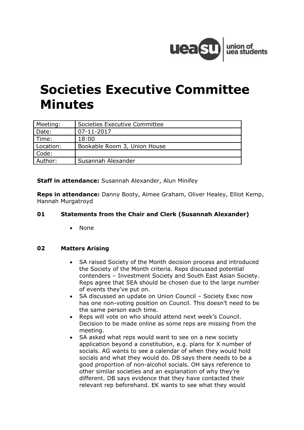 Societies Executive Committee Minutes