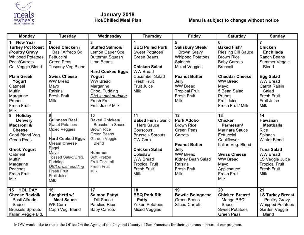 Hot/Chilledmeal Plan Menu Is Subject to Change Without Notice