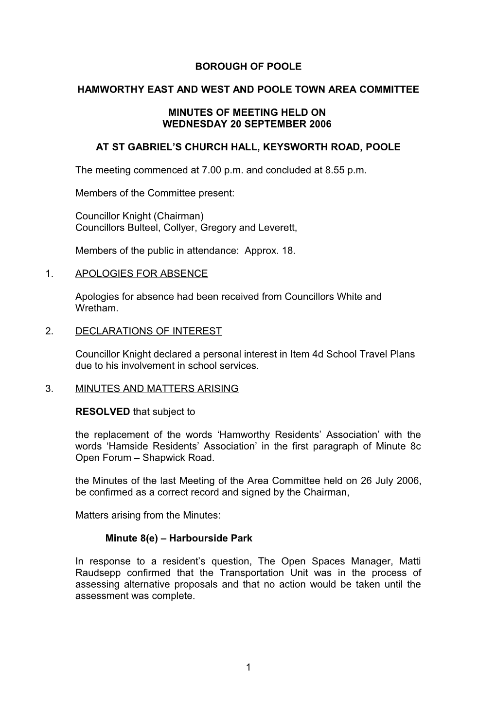 Hamworthy East and West and Poole Town Area Committee Minutes - 20 September 2006