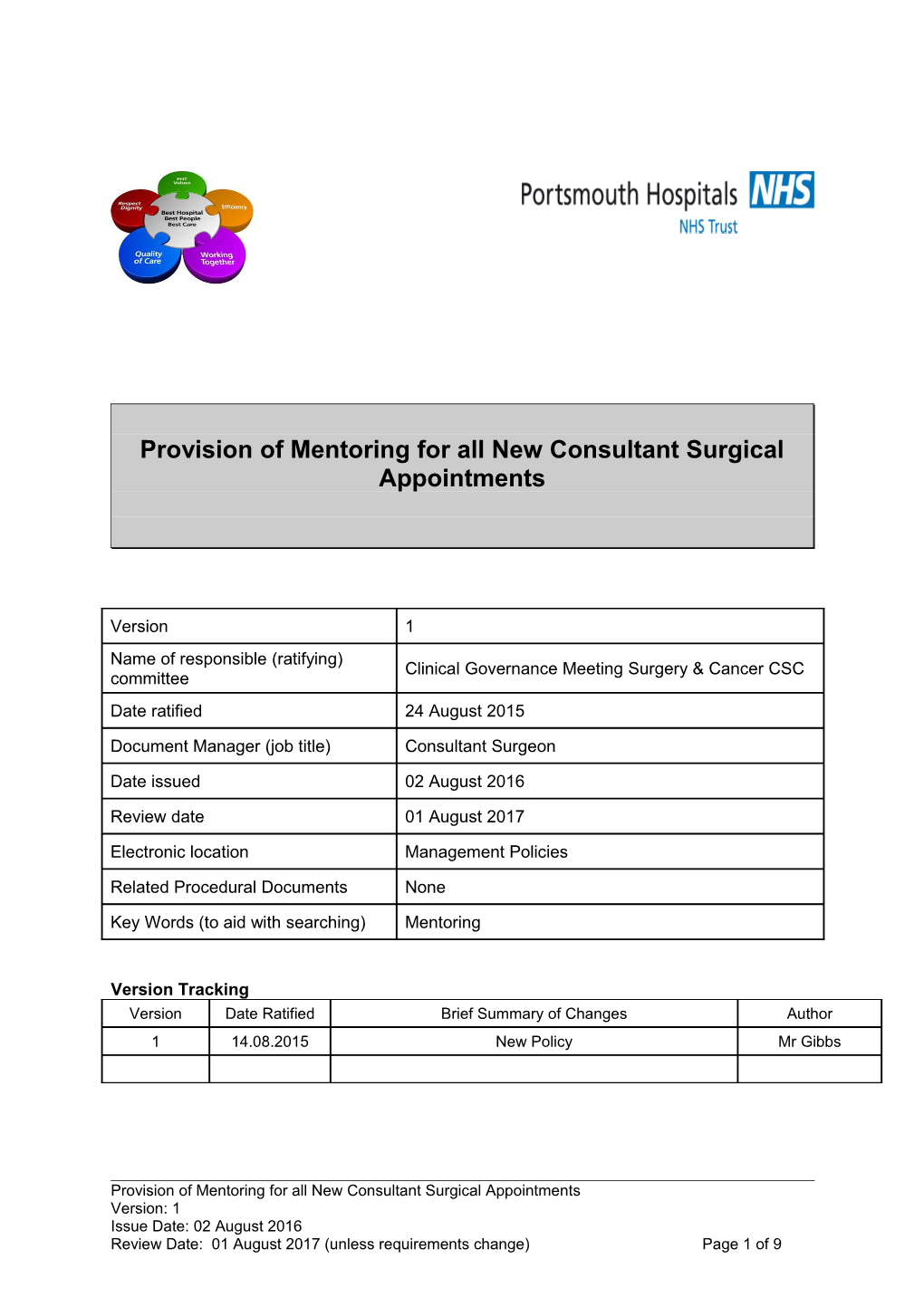Provision of Mentoring for All New Consultant Surgical Appointments