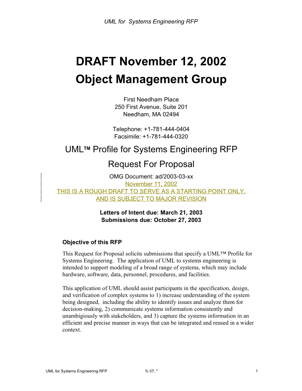 UML for Systems Engineering RFP